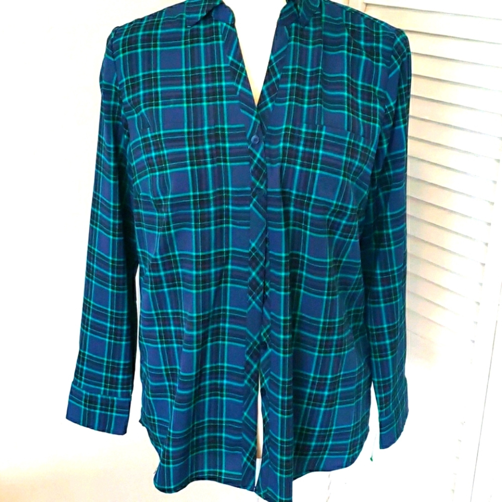TALBOTS NAVY & TEAL BUTTON DOWN BLOUSE, Me… - Picture 1 of 9